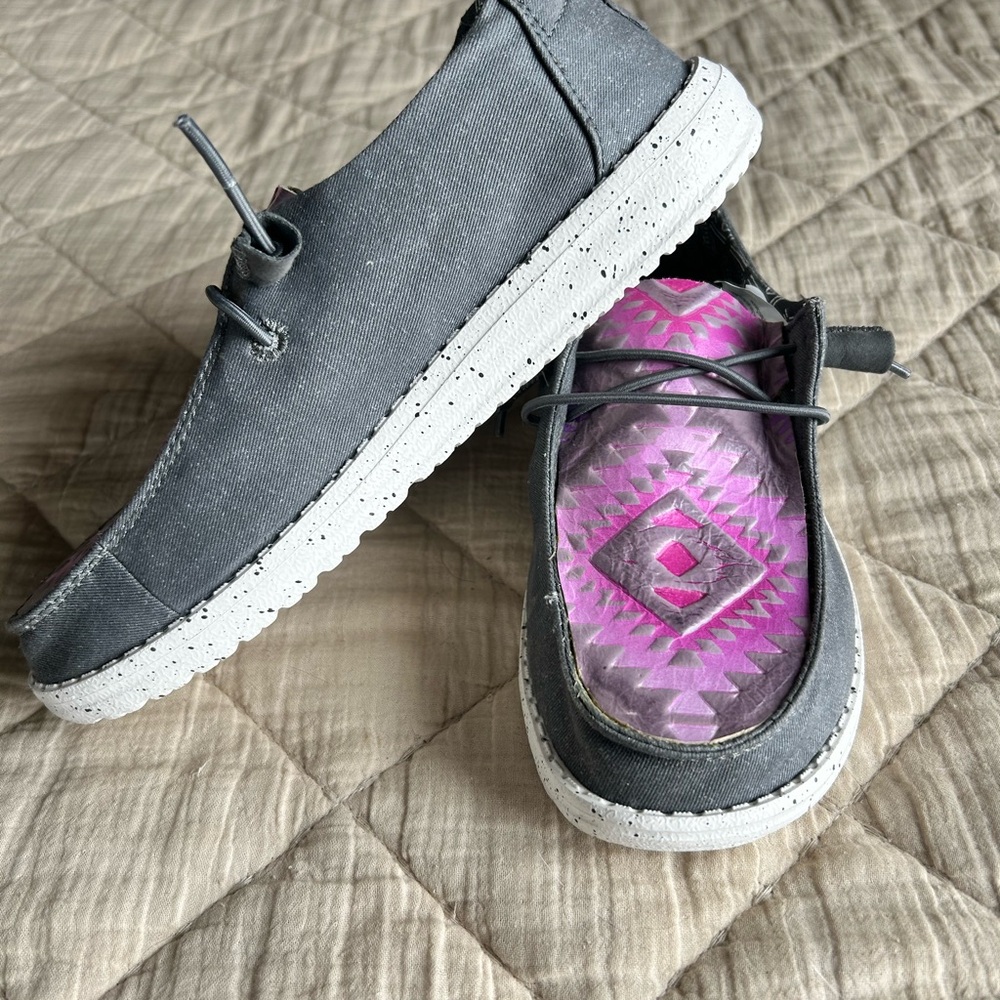 Hey Dude Gray Slip-On Loafers with Pink Geometric Insole